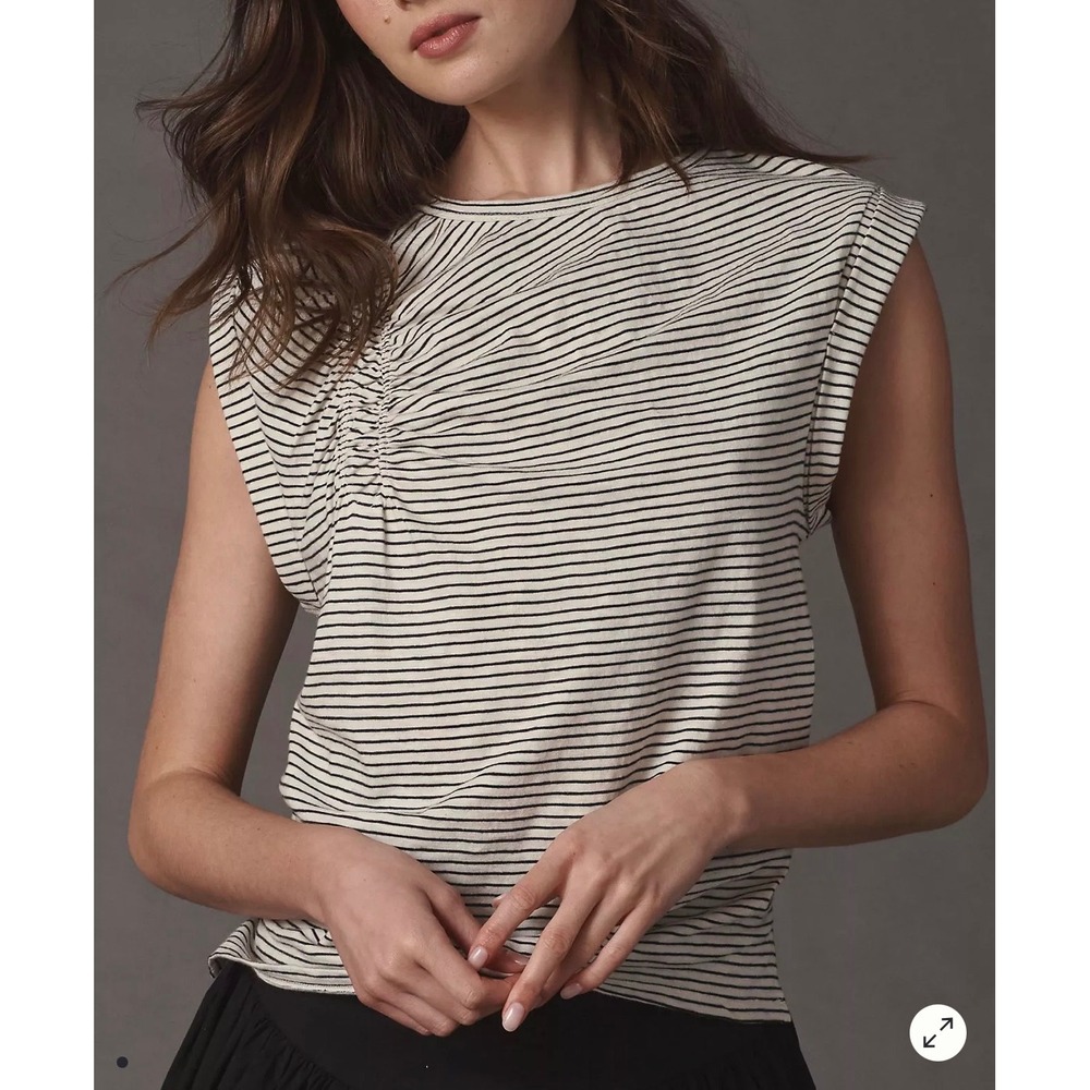 Anthropologie Pilcro Striped Ruched Sleeveless Top Ivory Black Cotton Small NWT